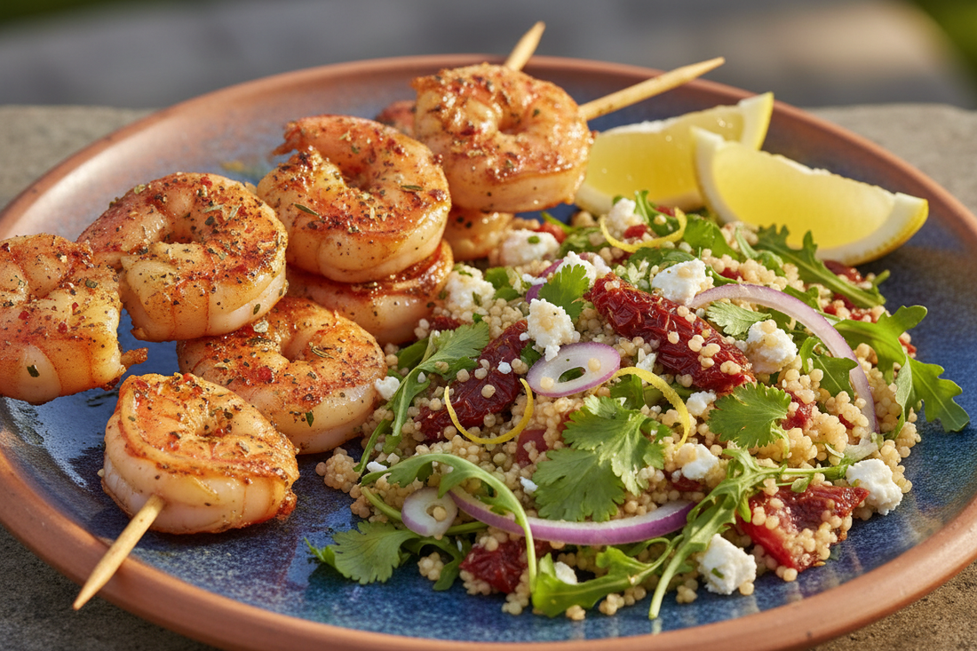 BBQ Prawn Skewers with Mediterranean Couscous