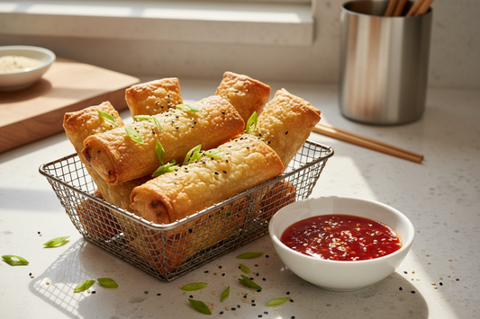 Crispy air fryer spring rolls in a basket with sweet chilli dipping sauce