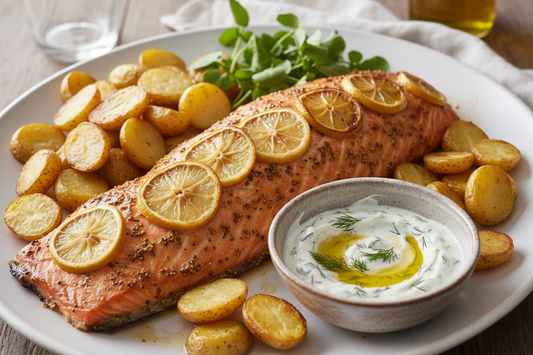 Mustard-Baked Salmon with Kipflers and Fennel Tzatziki
