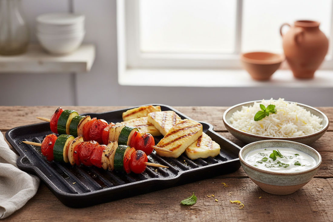 Vegetable Kebabs with Grilled Haloumi, Garlic Yoghurt and Lemon Rice
