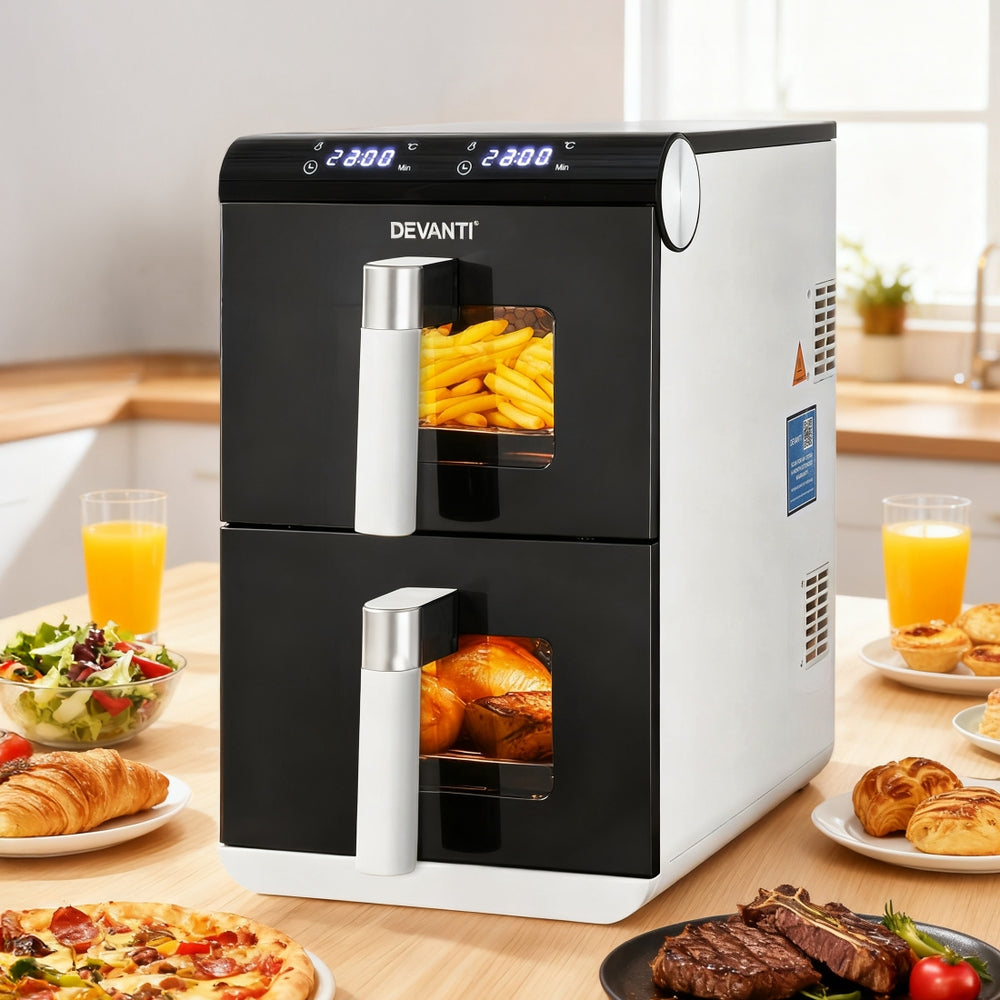 Devanti 11L Dual Zone Air Fryer – Twin 5.5L Baskets | White & Black