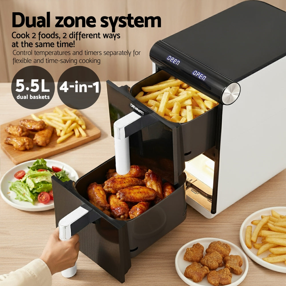 Devanti 11L Dual Zone Air Fryer – Twin 5.5L Baskets | White & Black