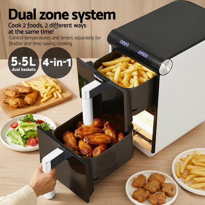 Devanti 11L Dual Zone Air Fryer – Twin 5.5L Baskets | White & Black