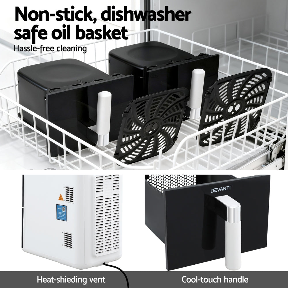 Devanti 11L Dual Zone Air Fryer – Twin 5.5L Baskets | White & Black
