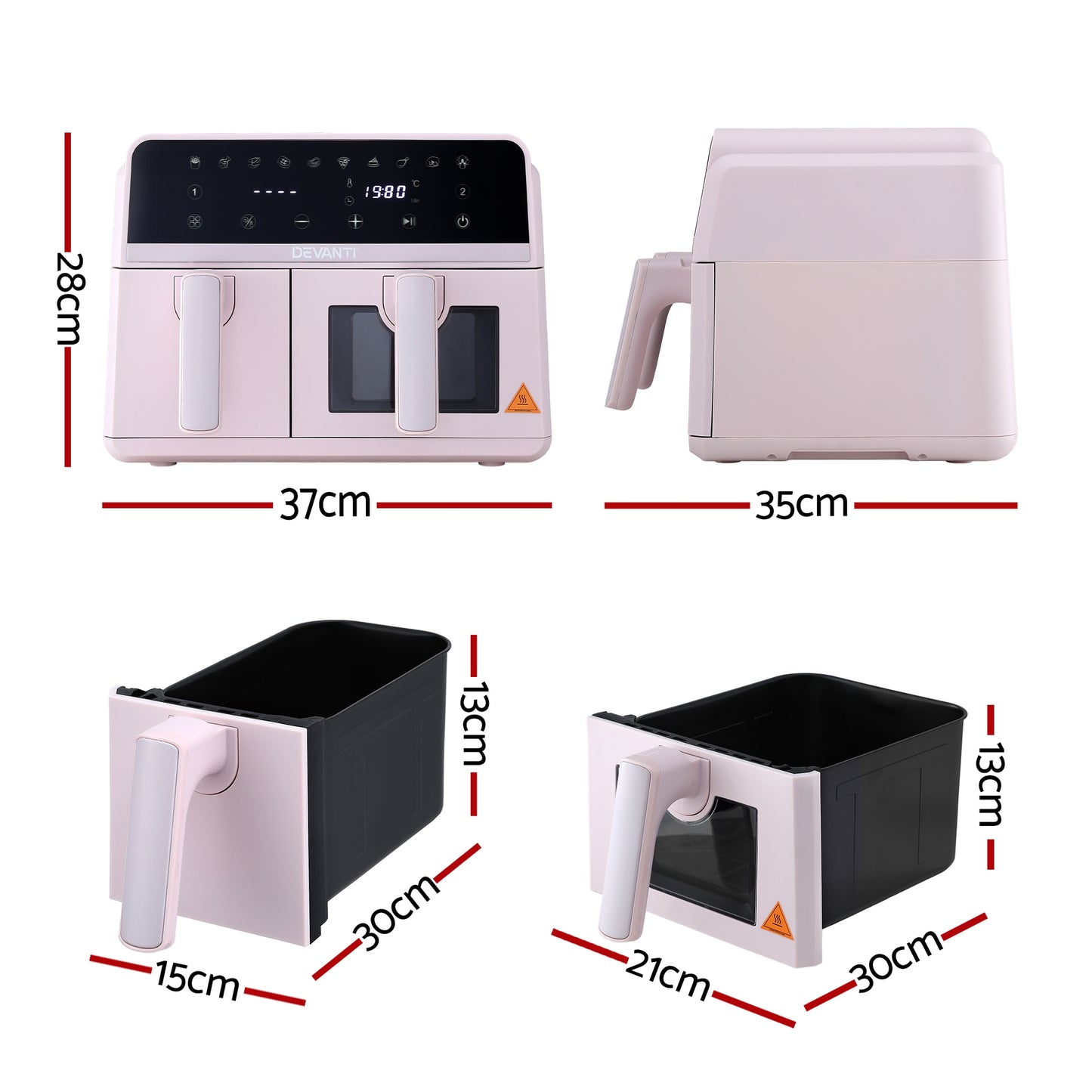 Devanti Air Fryer 9L Dual Zone Fryers 2600W Pink