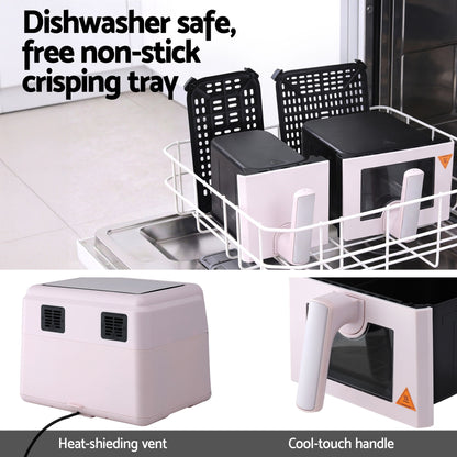 Devanti Air Fryer 9L Dual Zone Fryers 2600W Pink