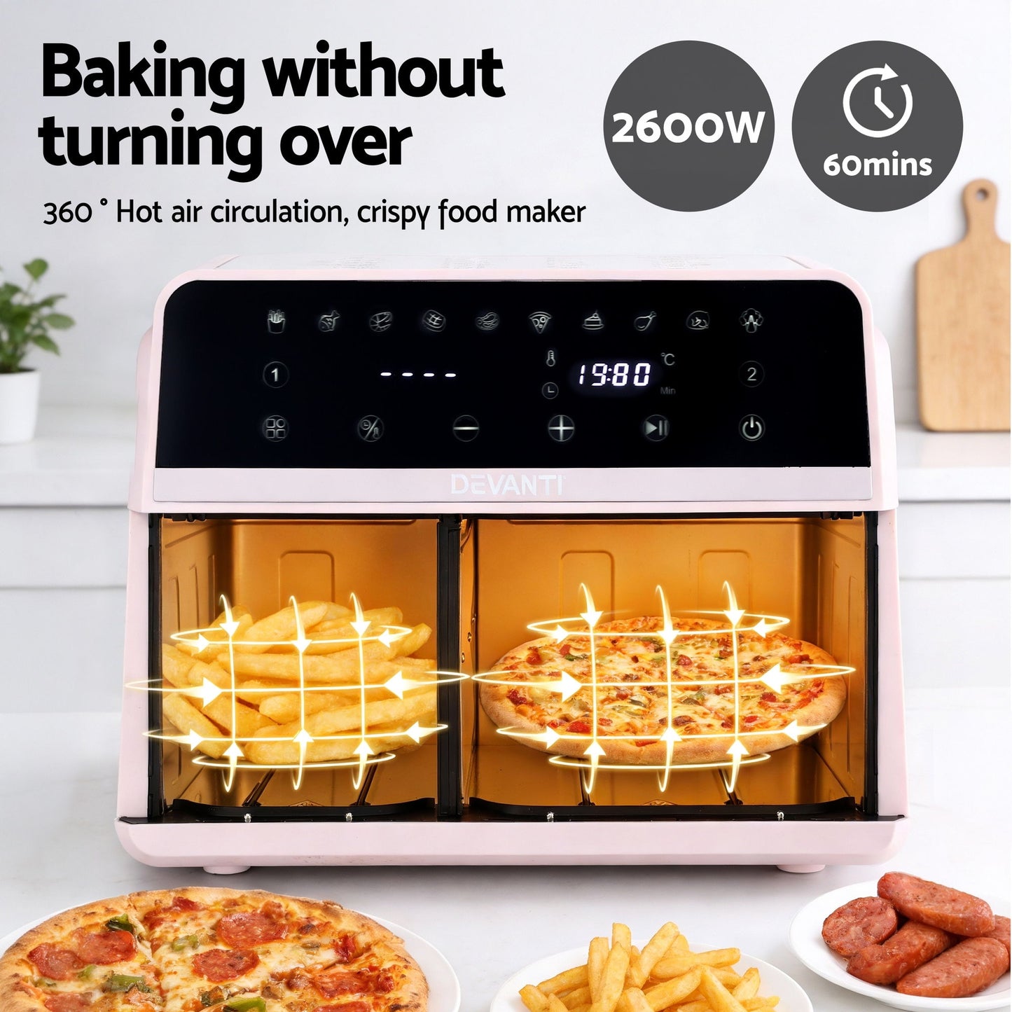 Devanti Air Fryer 9L Dual Zone Fryers 2600W Pink