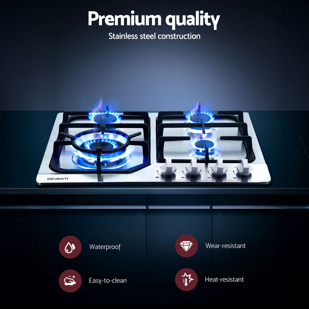 Devanti Gas Cooktop 60cm 4 Burner Silver