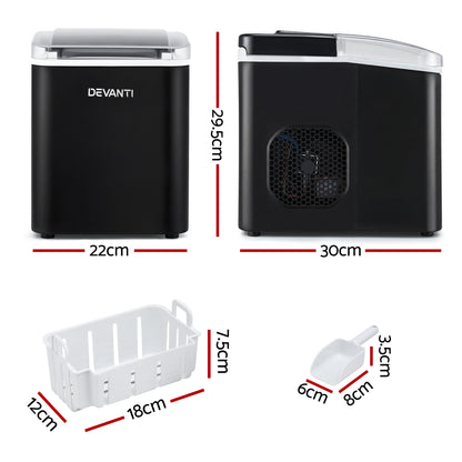 Devanti Ice Maker Machine Portable 12kg Countertop w/Self Cleaning 1.2L Black