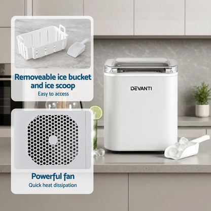 Devanti Ice Maker Machine Portable 12kg Countertop w/Self Cleaning 1.2L White