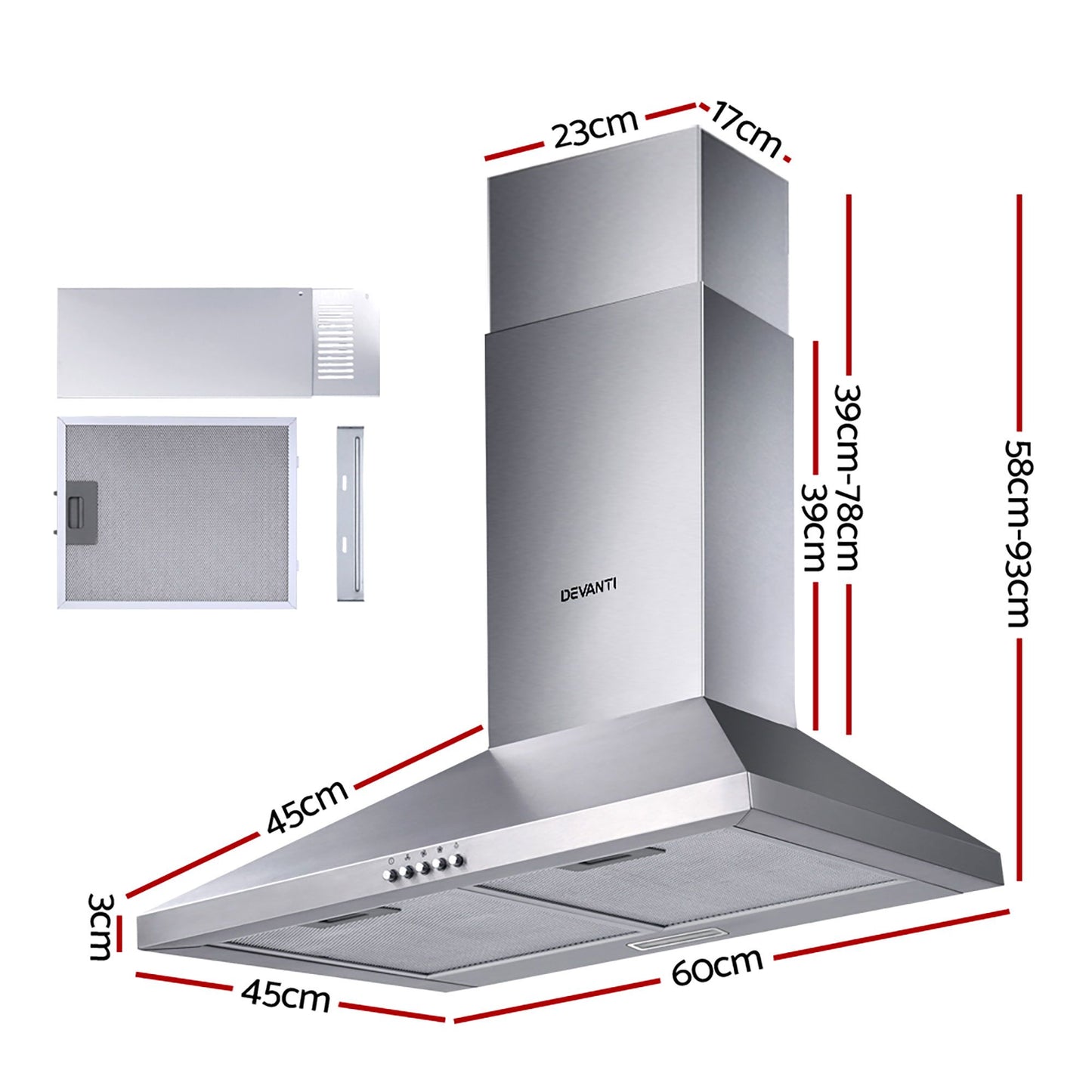 Devanti 600mm Stainless Steel Range Hood | Wall Mount | Silver
