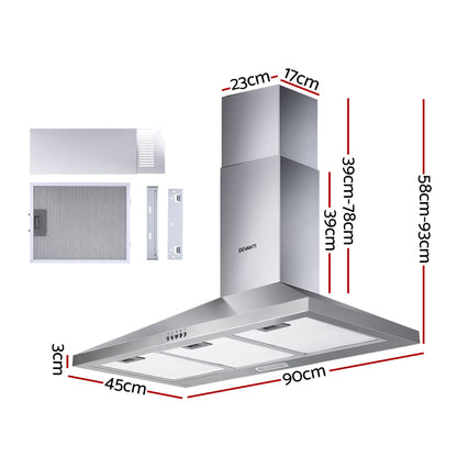Devanti 900mm Stainless Steel Range Hood | Wall Mount | Silver