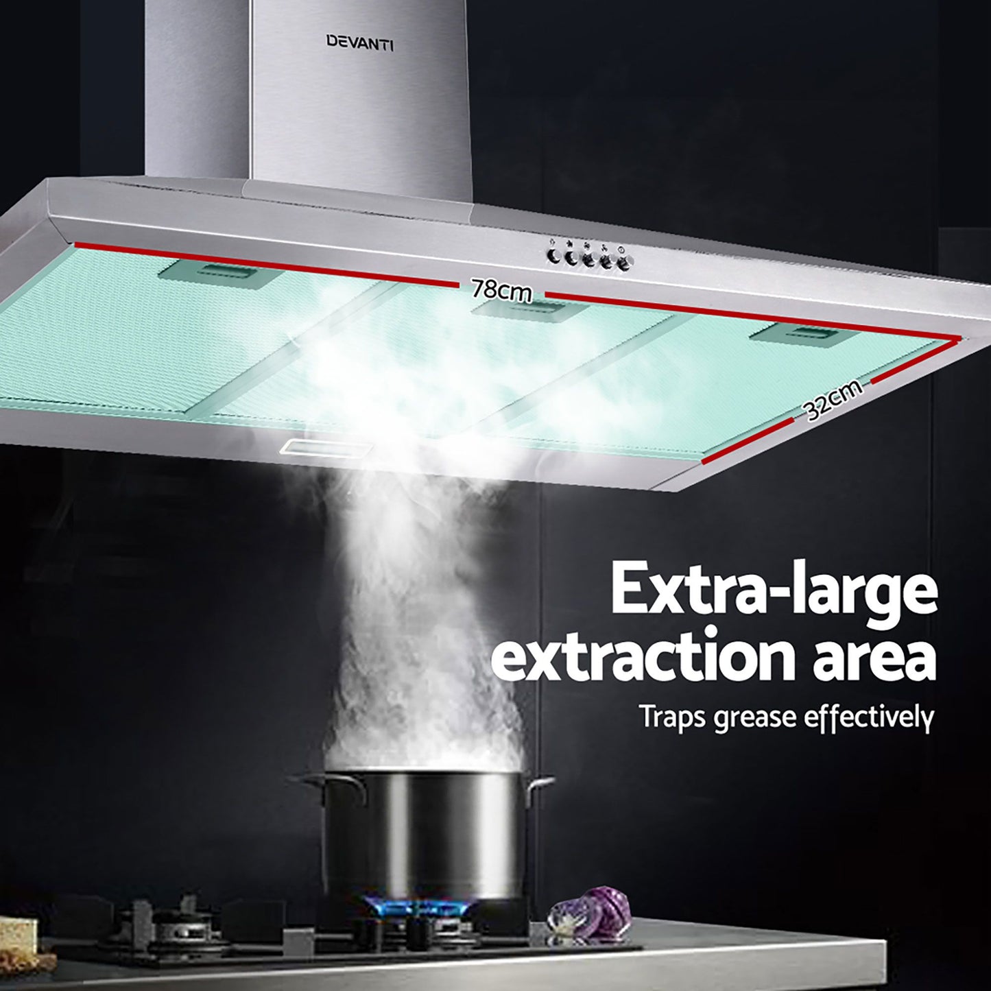Devanti 900mm Stainless Steel Range Hood | Wall Mount | Silver