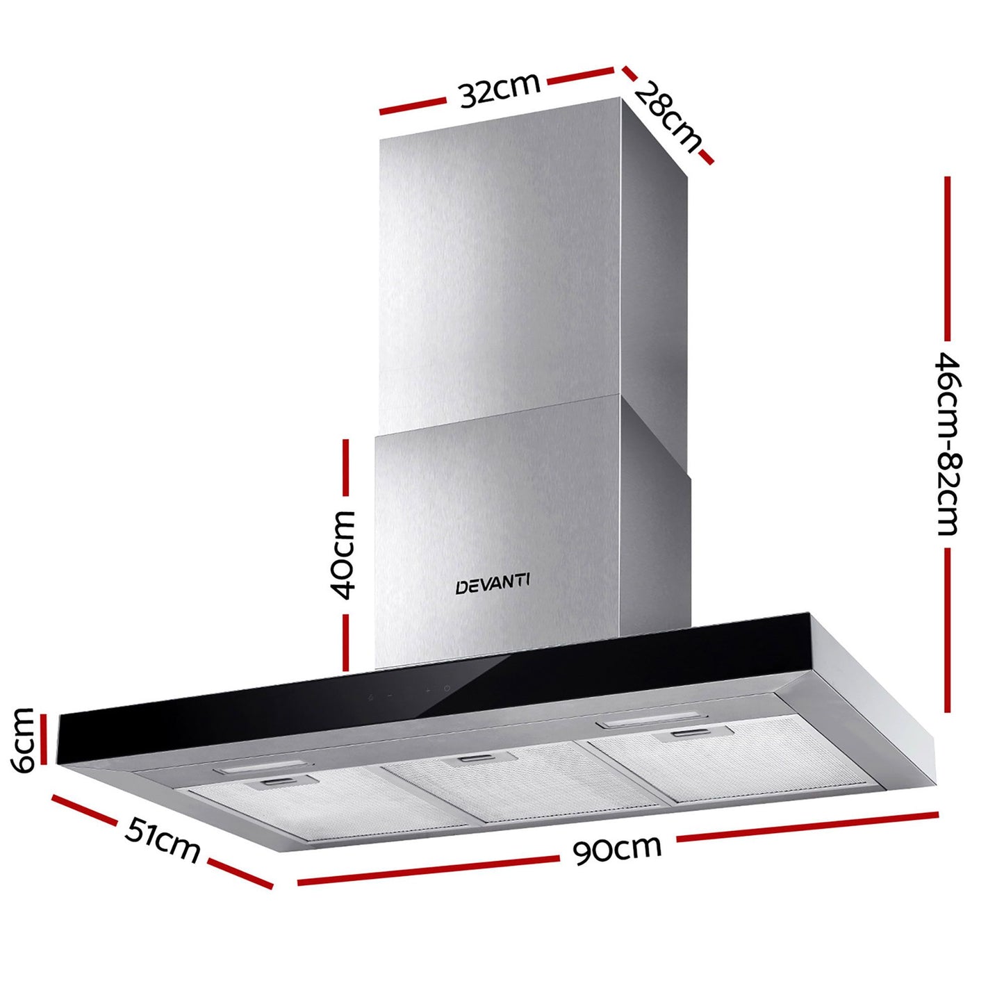Devanti 900mm T-Shape Range Hood | Black Tempered Glass | Touch Control