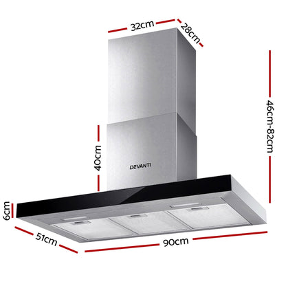 Devanti 900mm T-Shape Range Hood | Black Tempered Glass | Touch Control