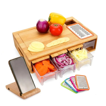 Bamboo Cutting Board with 4 Containers & Phone Holder | Large Kitchen Chopping Board