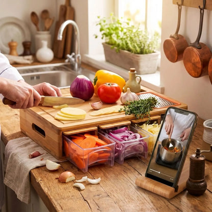 Bamboo Cutting Board with 4 Containers & Phone Holder | Large Kitchen Chopping Board