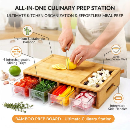Bamboo Cutting Board with 4 Containers & Phone Holder | Large Kitchen Chopping Board