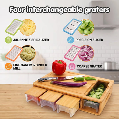 Bamboo Cutting Board with 4 Containers & Phone Holder | Large Kitchen Chopping Board