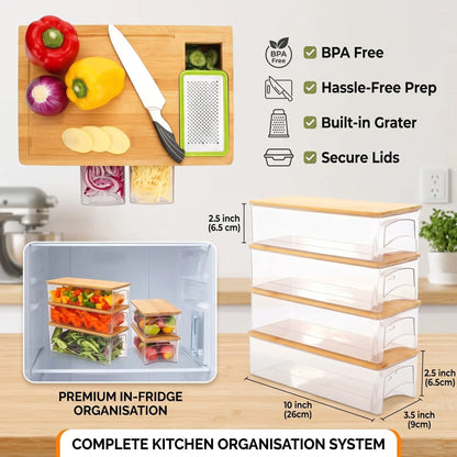 Bamboo Cutting Board with 4 Containers & Phone Holder | Large Kitchen Chopping Board
