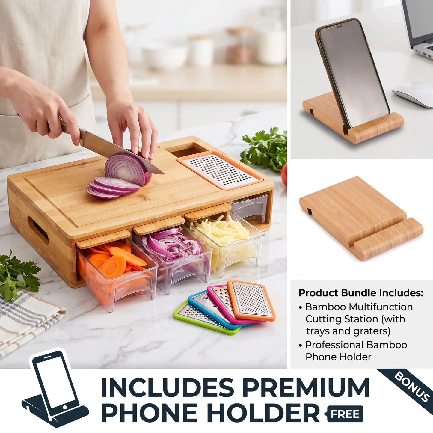 Bamboo Cutting Board with 4 Containers & Phone Holder | Large Kitchen Chopping Board