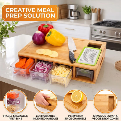 Bamboo Cutting Board with 4 Containers & Phone Holder | Large Kitchen Chopping Board