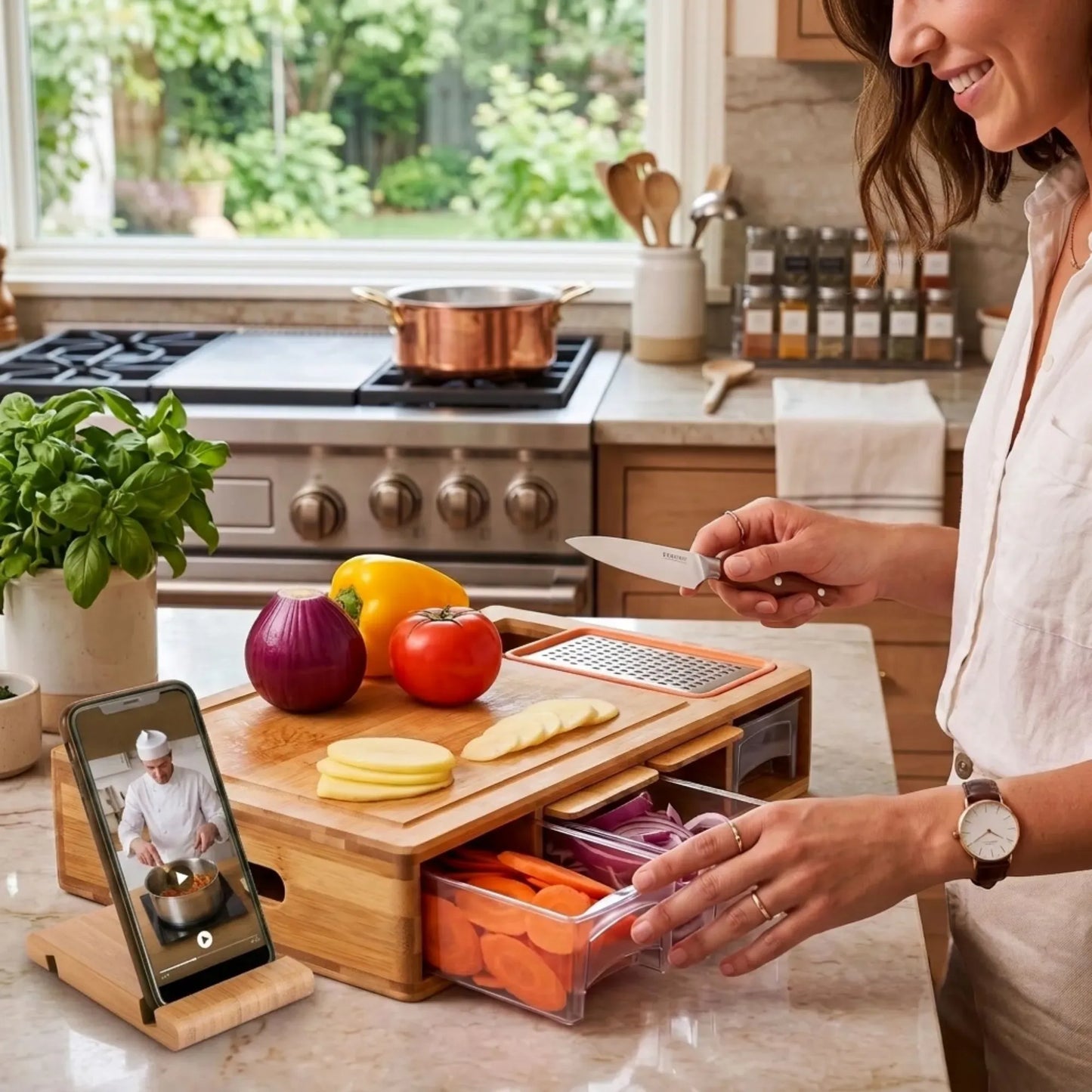 Bamboo Cutting Board with 4 Containers & Phone Holder | Large Kitchen Chopping Board