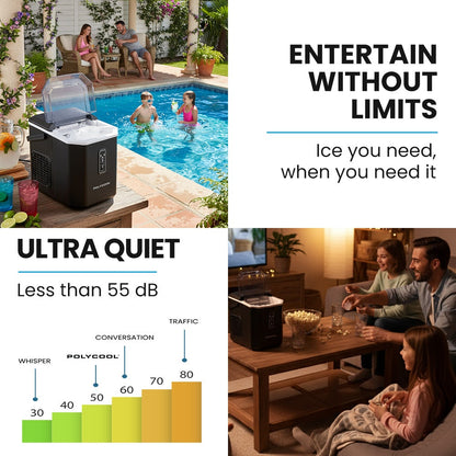 POLYCOOL Portable Ice Maker Machine, Automatic, 12kg/day,  Auto Clean, with Scoop and Removable Basket, Black