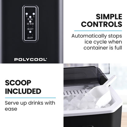 POLYCOOL Portable Ice Maker Machine, Automatic, 12kg/day,  Auto Clean, with Scoop and Removable Basket, Black