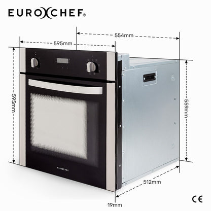 EuroChef 60cm Stainless Built-in 70L Grill 8 Function Fan Forced Electric Wall Oven