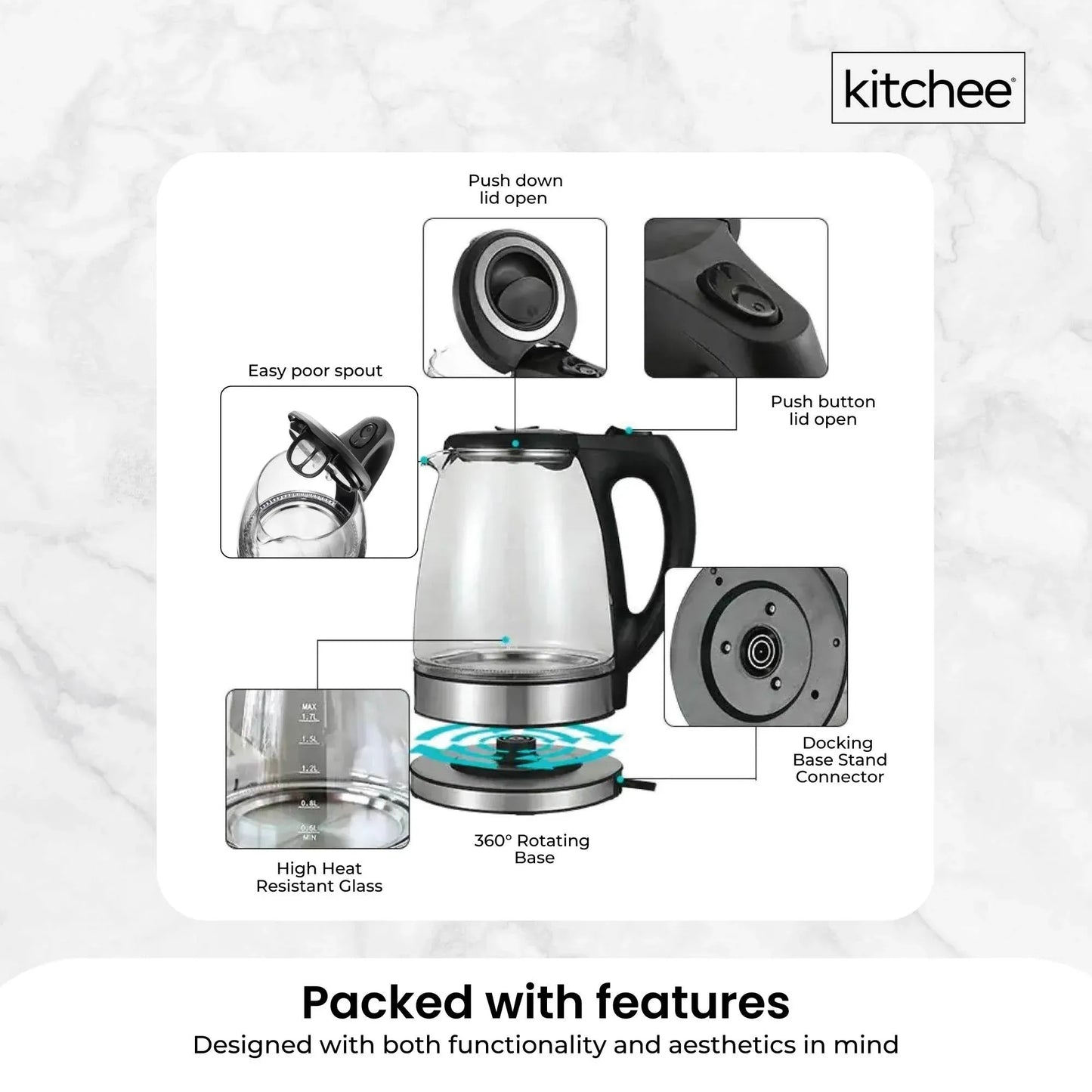 Kitchee 1.7L Glass Electric Kettle LED Light Cordless 360 Water Boiling Jug