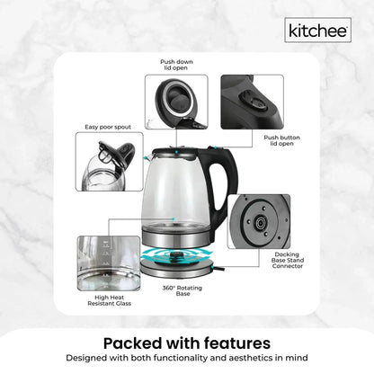 Kitchee 1.7L Glass Electric Kettle LED Light Cordless 360 Water Boiling Jug