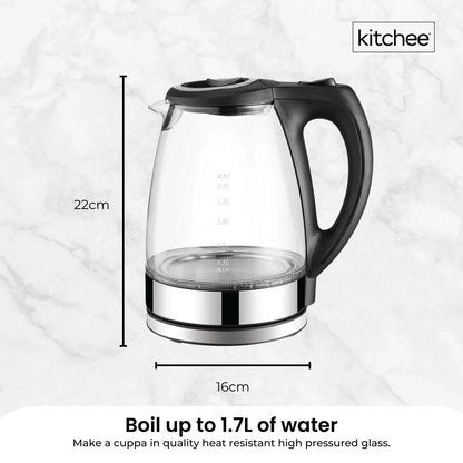 Kitchee 1.7L Glass Electric Kettle LED Light Cordless 360 Water Boiling Jug