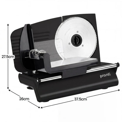 Pronti Black Electric Food Slicer 200W with Adjustable Thickness 1 to 15mm Serrated and Fine Edge Stainless Steel Blades