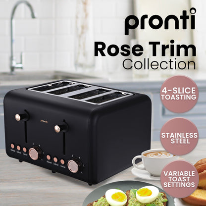 Pronti Breakfast Set with Rose Gold Kettle & Toaster with 1.2L Espresso Machine - Black