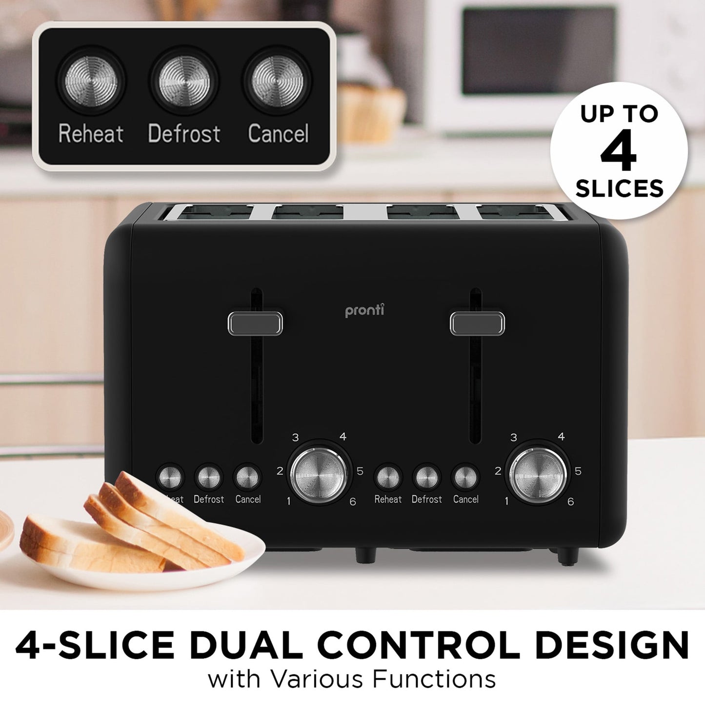 Pronti Silver Noir Collection 4 Slice Toaster and Kettle Bundle