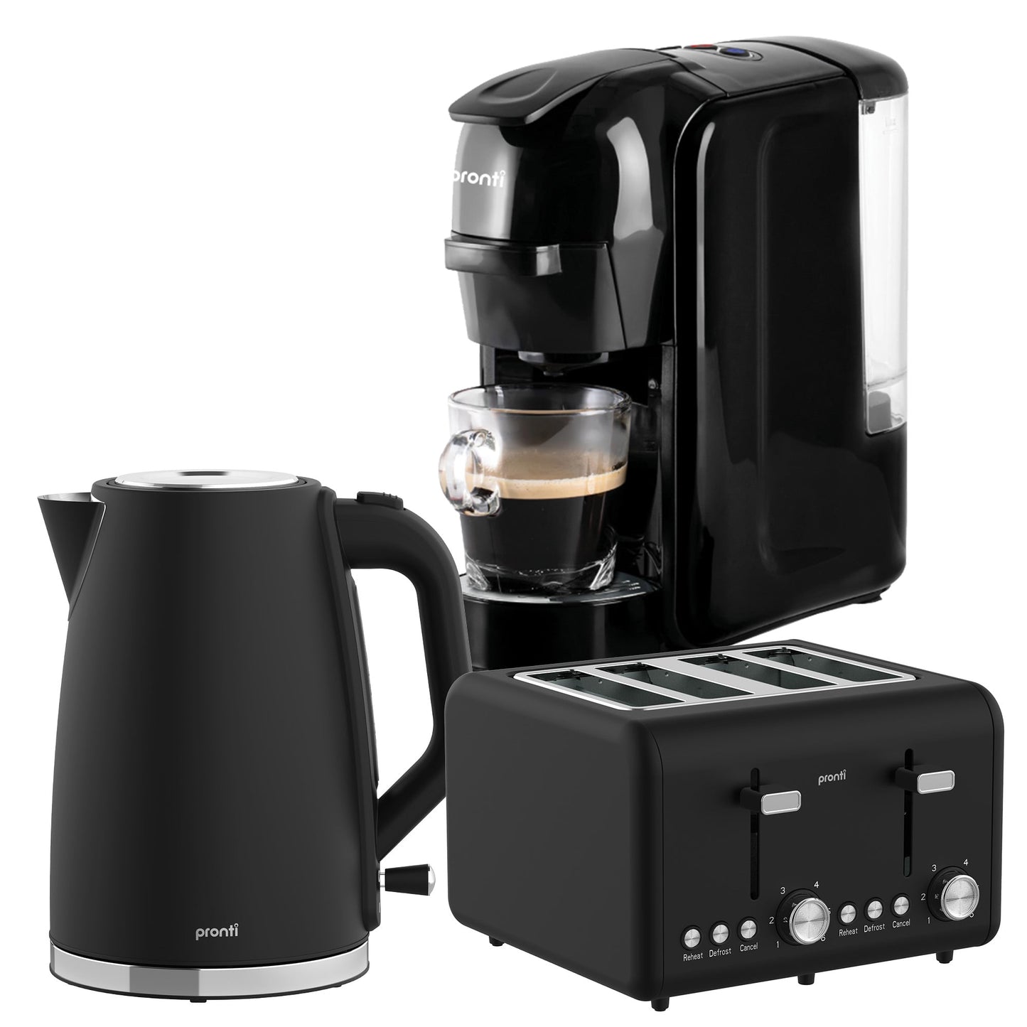 Pronti Breakfast Set with HomeMaid Coffee Machine, Silver Noir Toaster & Kettle
