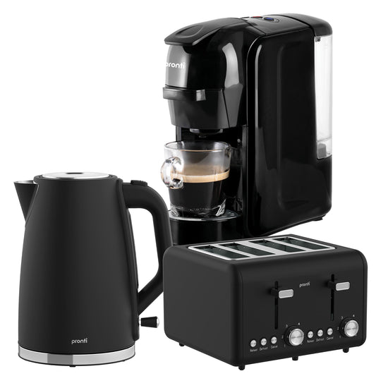 Pronti Breakfast Set with HomeMaid Coffee Machine, Silver Noir Toaster & Kettle