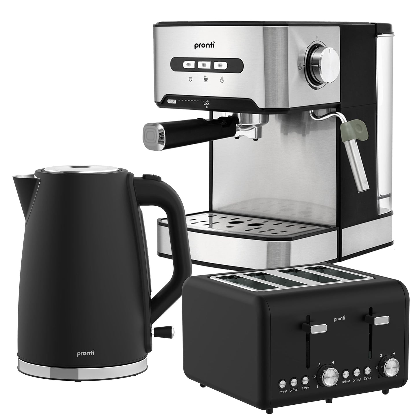 Pronti Breakfast Set with 1.6L Coffee Machine, Silver Noir Toaster & Kettle