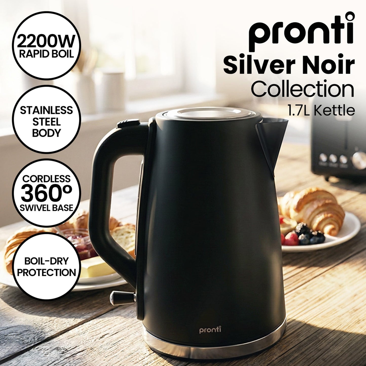 Pronti Breakfast Set with 1.6L Coffee Machine, Silver Noir Toaster & Kettle
