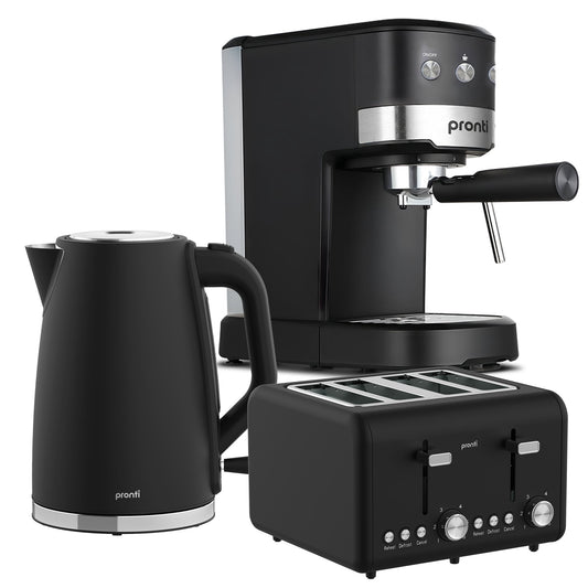 Pronti Breakfast Set with 1.25L Coffee Machine, Silver Noir Toaster & Kettle
