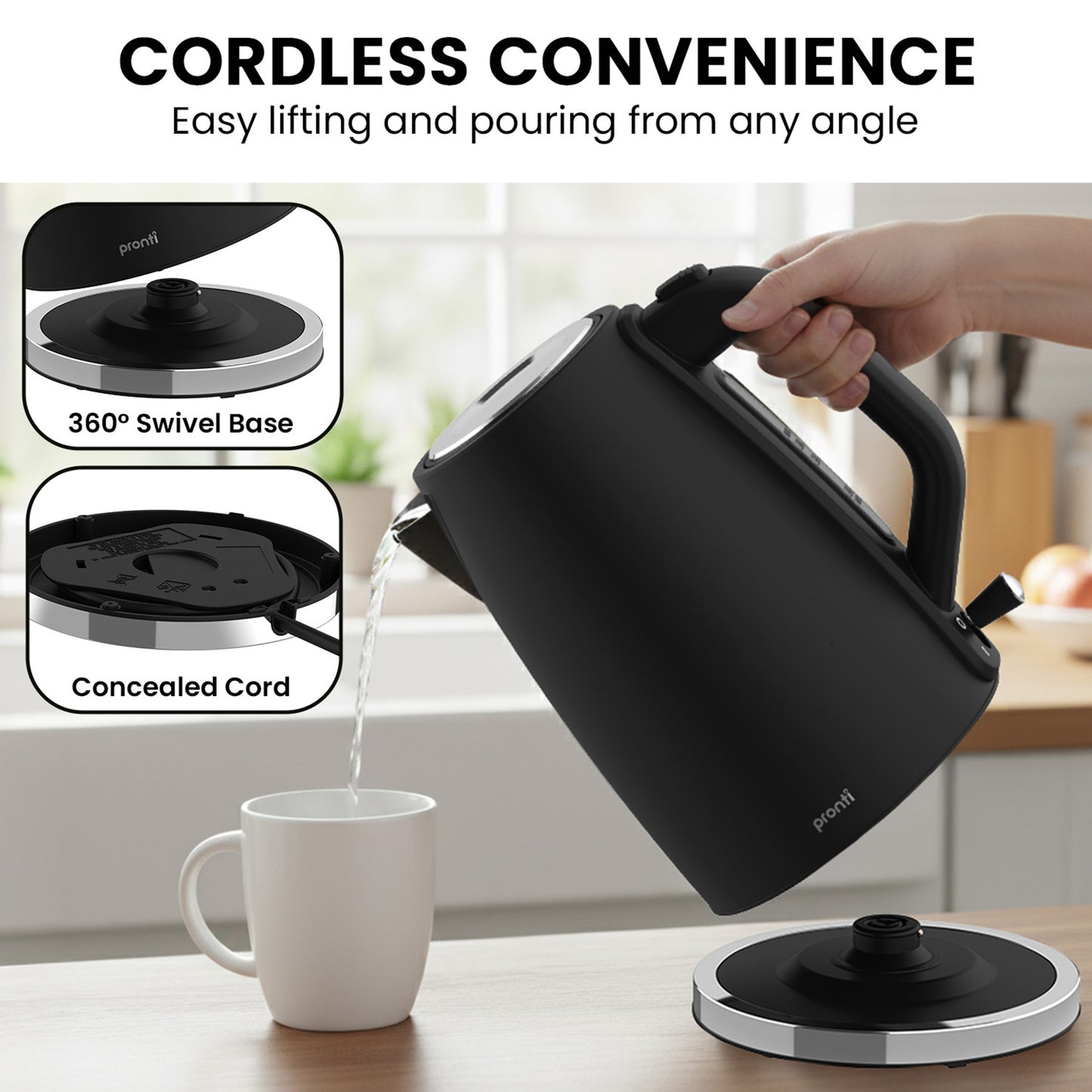 Pronti Breakfast Set with 1.25L Coffee Machine, Silver Noir Toaster & Kettle