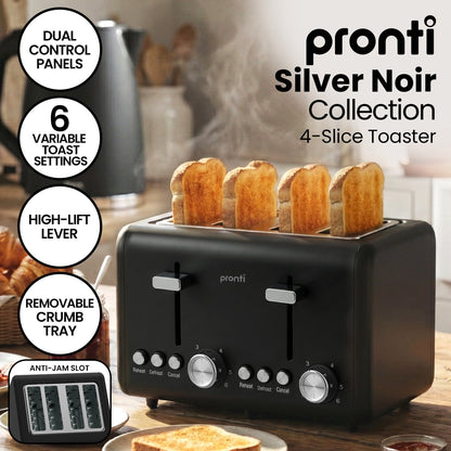 Pronti Silver Noir Collection 4 Slice Toaster with Dual Controls