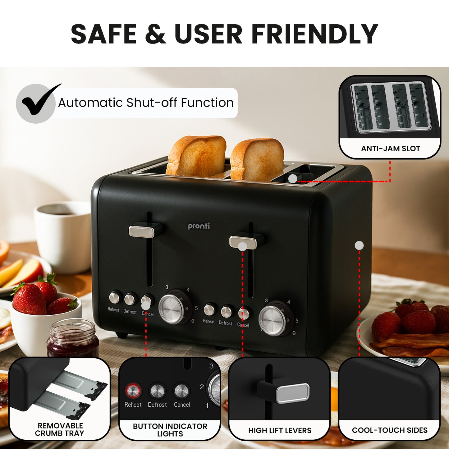 Pronti Silver Noir Collection 4 Slice Toaster with Dual Controls