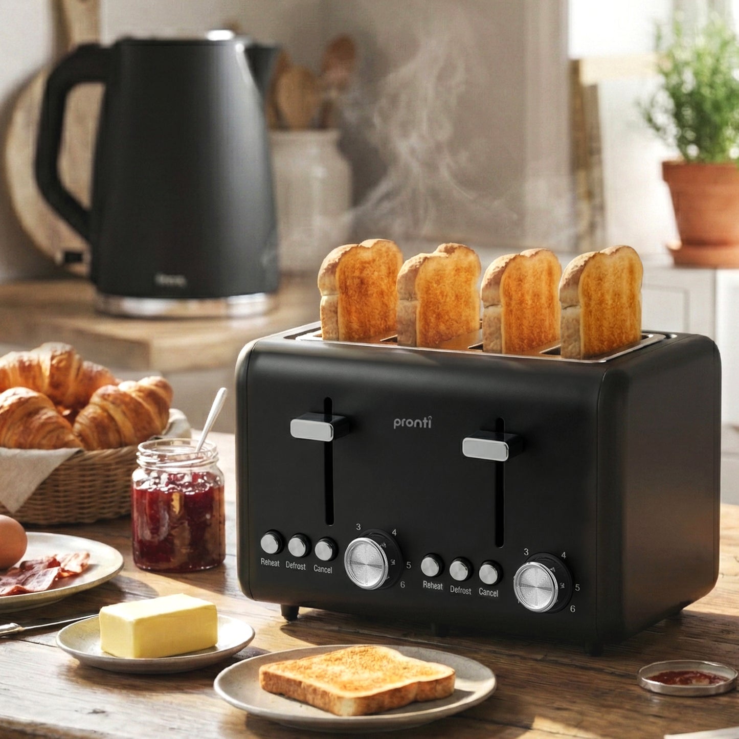 Pronti Silver Noir Collection 4 Slice Toaster with Dual Controls