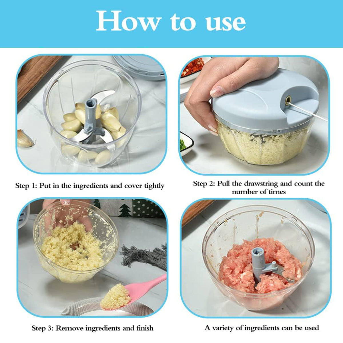 500ml Manual Meat Mincer Garlic Chopper Rotate Garlic Press Crusher Vegetable - Blue