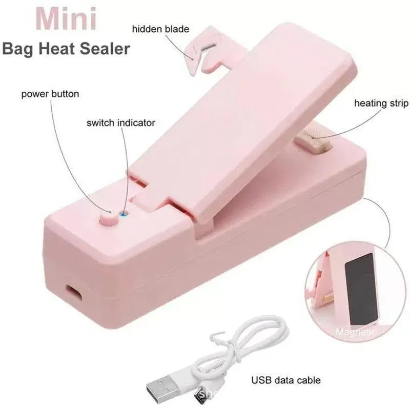 Portable Mini Heat Sealing Machine USB Rechargeable Food Sealer Plastic Bag - Pink