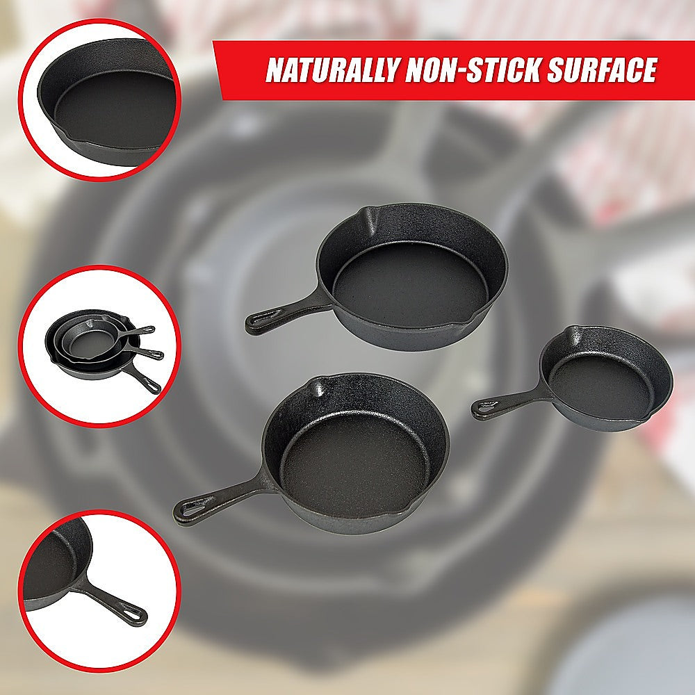 Pre Seasoned Cast Iron Skillet Fry Pan Set 3 Pcs Frying Pan Set