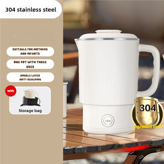 White Portable Foldable Travel Electric Kettle - 304 Stainless Steel Electric Water Boiler