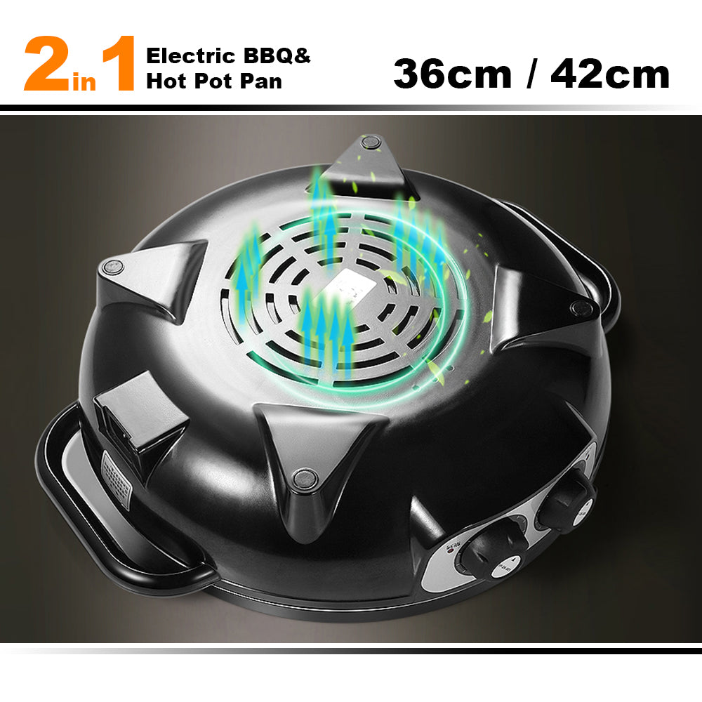 Electric 2 In 1 Non-Stick BBQ Plate Hot Pot Pan For Party Shabu Grill Barbecue 42cm